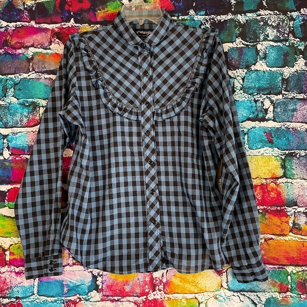 Vintage Wrangler Authentic Western Shirt Plaid Ruffle Trim Button Down Large